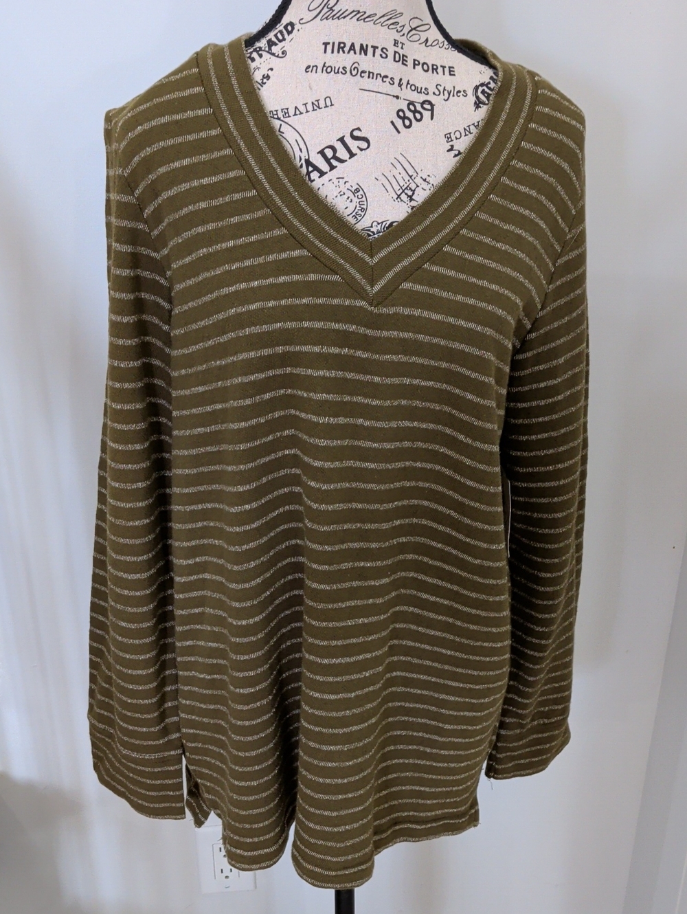 ST. JOHN'S BAY | Women's Olive/White Striped Cotton Long Sleeved Top